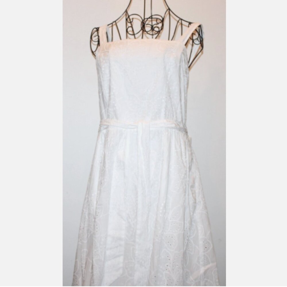 New White Eyelet Cotton Dress Sz 14 NWT Calypso Lined Back Zip Sash at Waist